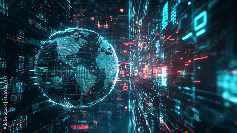 Poster artificial intelligence and wireless technology. global digital network. internet data security. 3d 