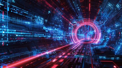 Obraz premium Abstract digital shape and particle technological cyber style design connecting become system shape of electronic designing. High tech scenery express mysterious pattern perfect for wallpaper. AIG53.