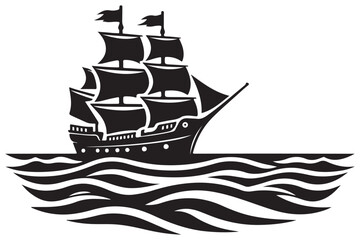 Silhouette of a Ship on the Waves Vector Illustration