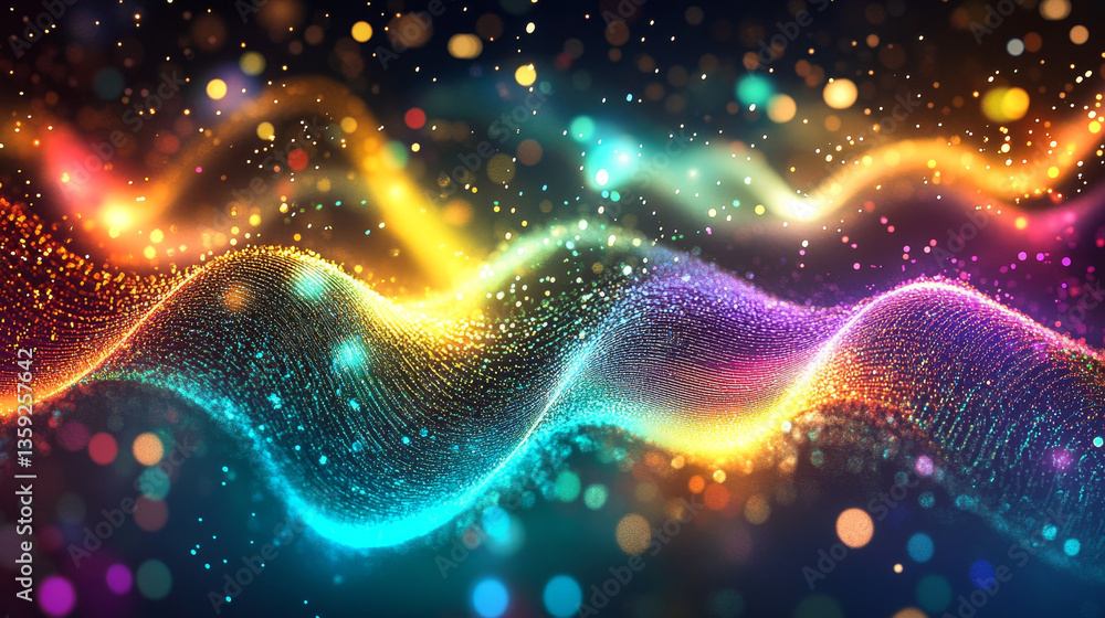 Poster hi-tech, sci-fi 3d illustration abstract musical beat. sound wave in field of big data particles. da