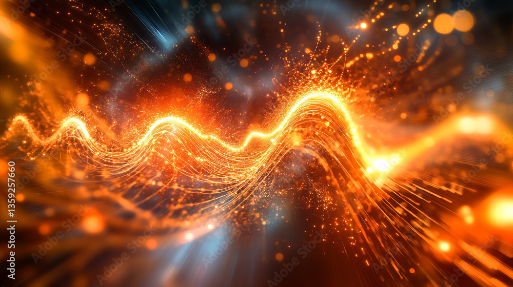 Poster hi-tech, sci-fi 3d illustration abstract musical beat. sound wave in field of big data particles. da