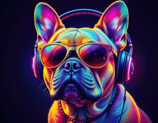 Fototapeta premium Colorful Bulldog with Headphones and Sunglasses Against Black Background