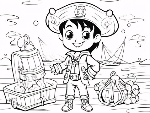 A little boy plays pirate and finds a big treasure. Children's coloring books. Cute anime character.