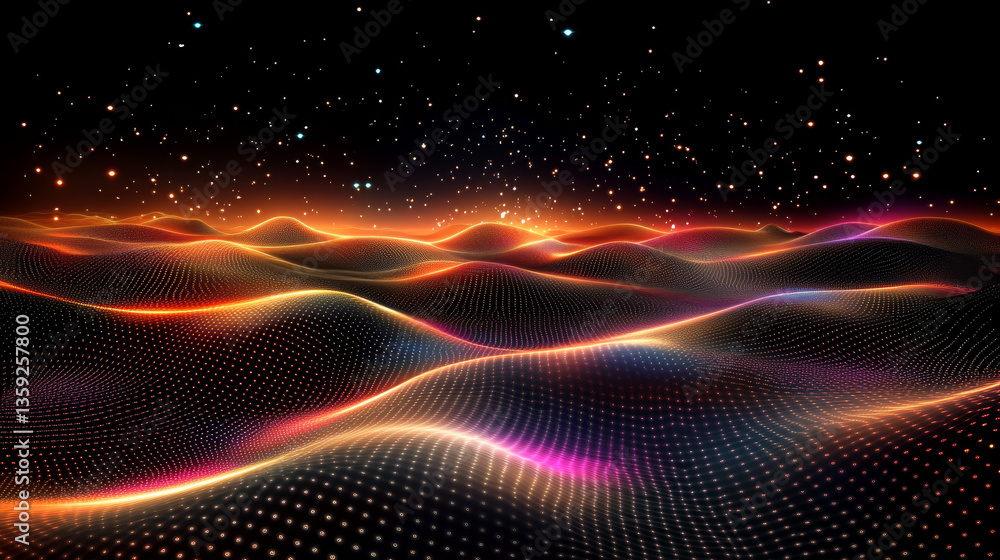 Poster hi-tech, sci-fi 3d illustration abstract musical beat. sound wave in field of big data particles. da