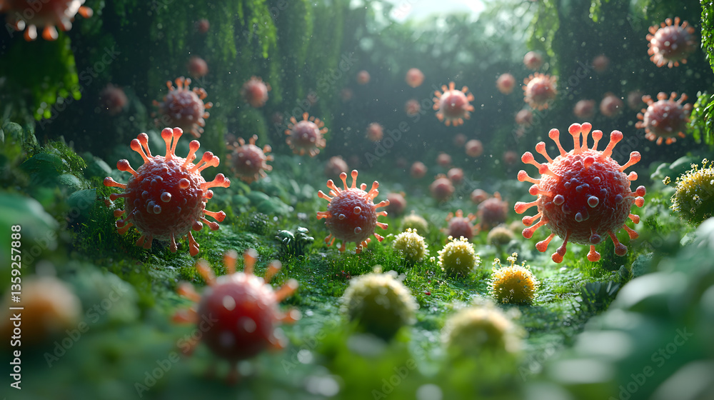 Poster pandemic forest: a stunning 3d rendering of virus structures amidst a lush, vibrant forest setting, 