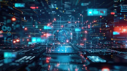 Abstract of science fiction scenery express high tech future city in cyberpunk style. Futuristic electrics with fantasy concept of artificial intelligence create powerful technology sense. AIG53.