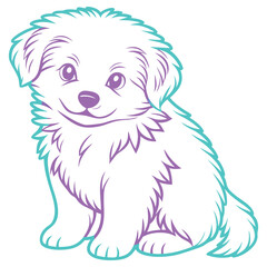 Cartoon Puppy with Purple and Teal Outlines Sitting Down on a White Background