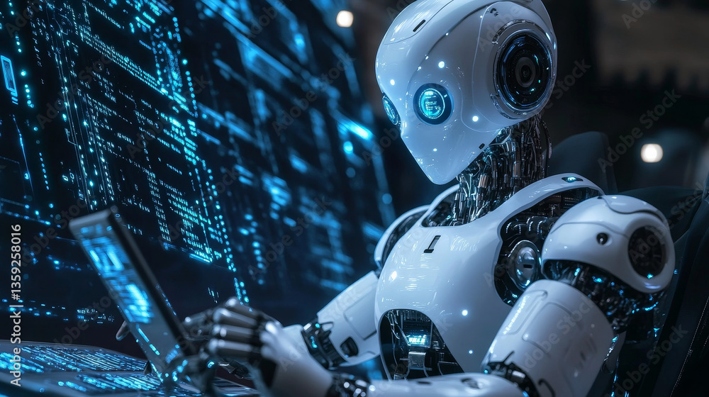 Poster internet bot in ai cyberspace. digital technology and wireless networks. bot, robot, drone, artifici