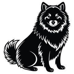 Simple Black And White Silhouette Of A Keeshond Dog Sitting, Isolated Against White