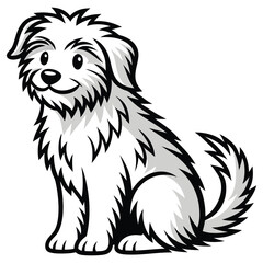Cartoon Fluffy White Dog Sitting Isolated with Black Outline and Shaded Details