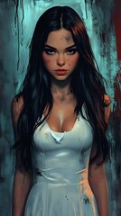 Naklejka premium Intense Stare: A portrait of a young woman with dark hair and piercing eyes, radiating a mix of determination and vulnerability, illuminated by a cool, dramatic light, evoking a sense of mystery.