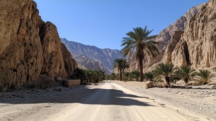 A dirt road passes through a desert canyon toward distant mountains