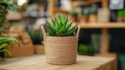 A small green succulent plant sits inside a woven basket