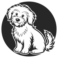 Cute White Dog Sitting Silhouette, Fluffy Fur, Cartoon Pet on Black Background