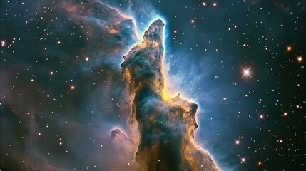 A vibrant nebula formation towers against a speckled dark backdrop