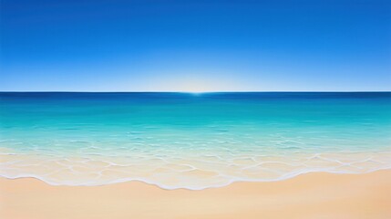 Obraz premium A serene beach scene featuring a gradient of blue skies meeting turquoise waters and gentle waves lapping against a sandy shore.
