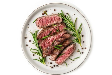 Close up of colorful hexagonal tiles with textured surfaces. Top down view of medium rare sliced beef steak placed on plate decorated with green fresh vegetable. Abstract geometric pattern. AIG51.