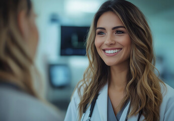 Female Doctor Smiling and Engaging with Patient in a Hospital Setting