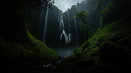 A majestic waterfall flows through a verdant green canyon landscape