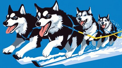 A team of sled dogs racing across a snowy landscape
