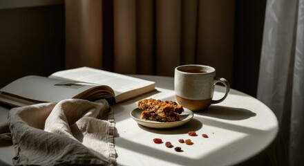 Cozy table setup with tea, book, and cookies in natural light