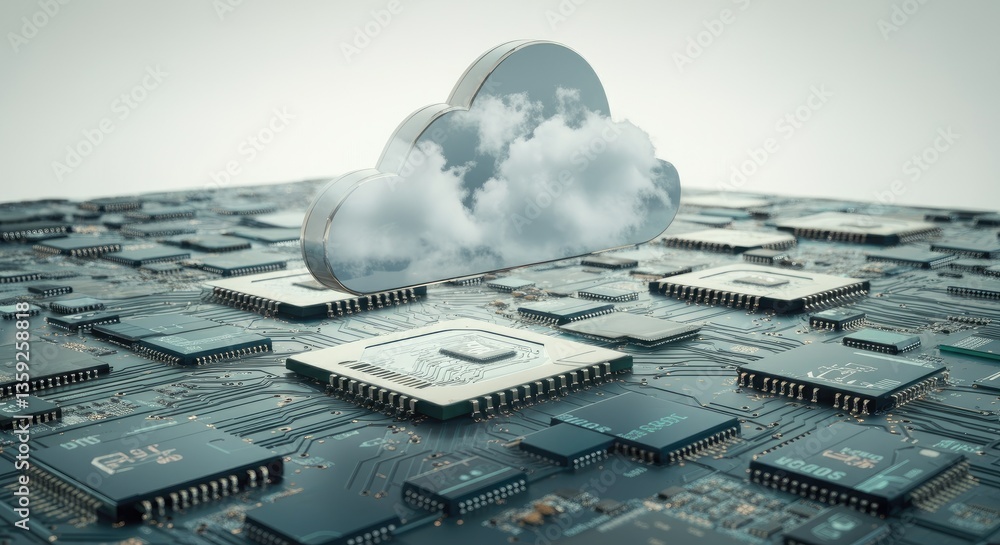 Poster cloud computing concept with cloud over circuit board
