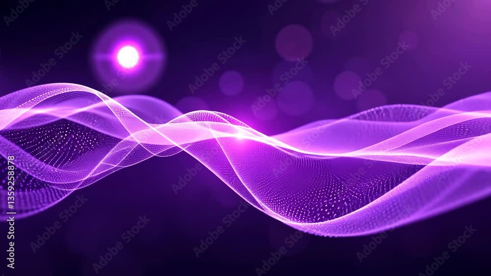 Poster abstract animated digital wave of purple particles with bokeh lights and lens flare on dark backgrou