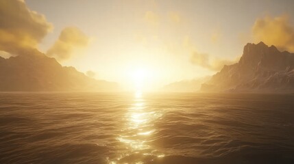 Majestic sunrise illuminates ocean waters between distant mountain ranges in peace