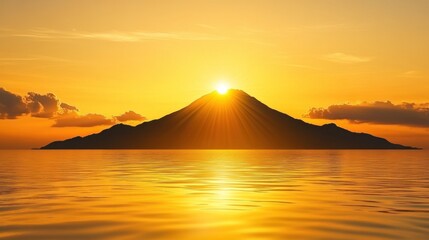 A vibrant sunset illuminates the sea behind a dark mountain silhouette