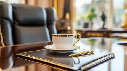 A beautiful office desk featuring a coffee cup and a pen