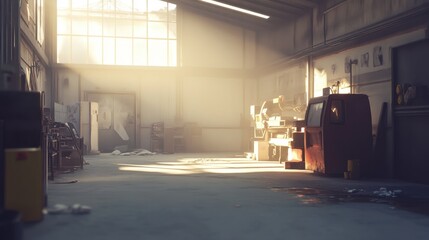 A vintage factory interior with rusted machines glowing in the warm evening sun