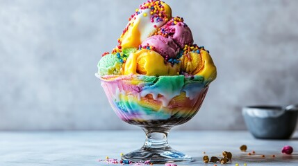 A colorful rainbow colored sundae with multiple ice cream scoops