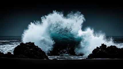 A large crashing ocean wave over some rocky formations