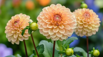 Three peach colored dahlias are displayed in full bloom together