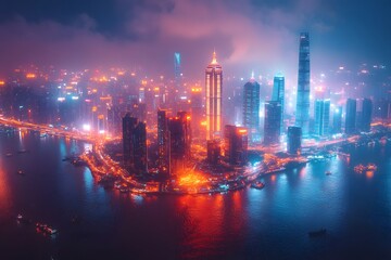  Cityscape at Dusk: A breathtaking vista of a vibrant city at dusk, the towering buildings are illuminated with neon lights, reflecting on the calm water.