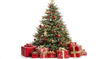 christmas tree with red and gold presents