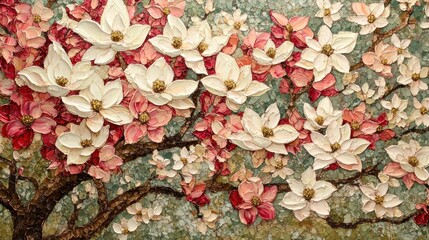 Beautiful painting depicting blossoming flowers in various shades and textures
