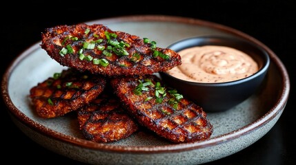 Crispy seasoned food served with a creamy sauce and greens