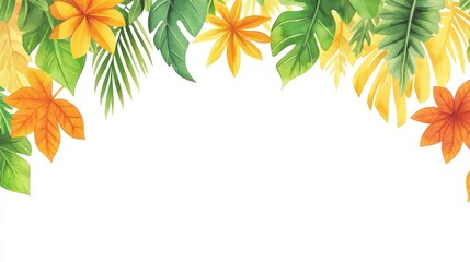 Colorful Tropical Foliage and Flowers Bordering a White Background