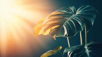 A large green plant leaf is illuminated by bright sunlight on its surface