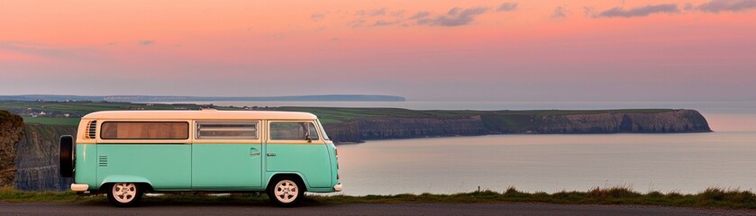 A vintage campervan parked near a coastal cliff at sunset