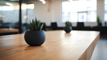 A small plant sits on a large wooden office table surface