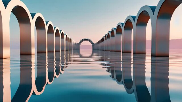 Surreal architectural arches over calm reflective water with pastel sky and symmetrical design in minimal landscape

