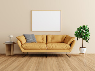 Stylish living room with yellow sofa, wooden floor, plants, and empty frame.
