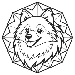 Stylized Smiling Dog Portrait inside Ornate Polygon Frame, Black and White Line Art