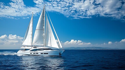 Obraz premium Luxurious sailing yacht gliding across the ocean under a vibrant blue sky