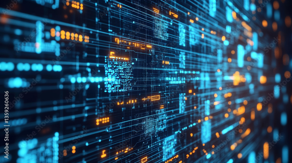 Poster big data cyber stream. neural network and strings of code. 3d illustration hi-tech business ideas