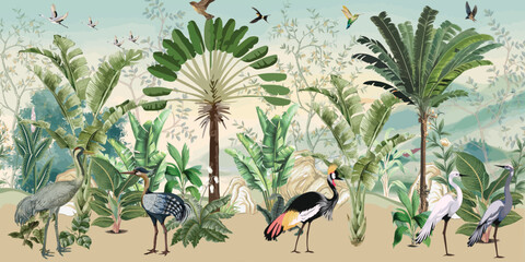 African Wild Life Mural Design for wall Painting, Tropical Wall Mural, Tropical Plam trees, Birds, Vintage waal Murals. © Sharif