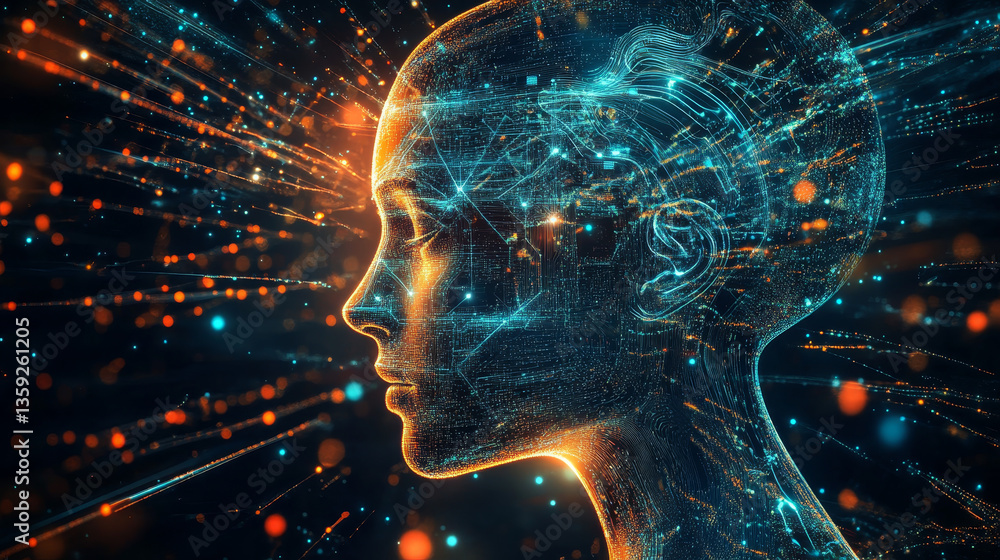 Poster data stream. digital mind. creation of artificial intelligence. massive data, digital funnel, inform