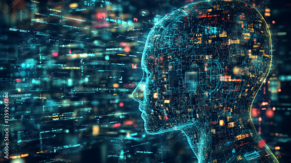 Poster data stream. digital mind. creation of artificial intelligence. massive data, digital funnel, inform